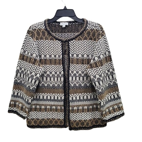 Joan Rivers Women's Brown White Neutral Jacquard Knit 3/4 Sleeve Cardigan Size M - Picture 1 of 7
